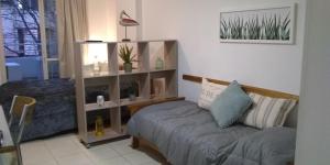 a living room with a bed and a book shelf at Moreno 1330 in Rosario