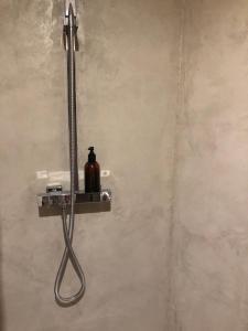 a shower with a soap dispenser on a wall at Longo Maï in Sillans-la Cascade +33 photos