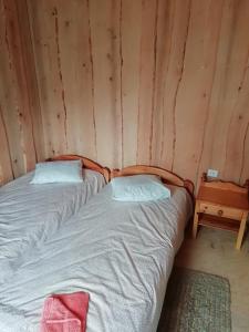 two beds in a room with wooden walls at Brīvdienu māja ar kopējo virtuvi in Salacgrīva