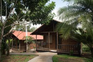 une maison en bois avec un chemin en face de celle-ci dans l'établissement Hotel Pedacito de Cielo, à Boca Tapada