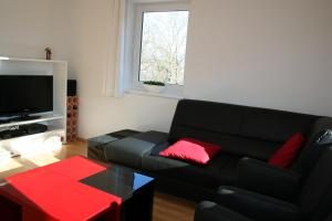 sala de estar con sofá negro y almohadas rojas en Appartement Enns by Schladmingurlaub, en Schladming