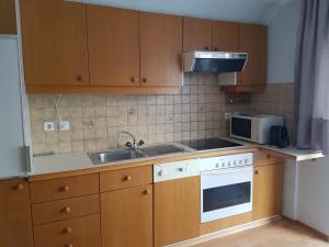 a kitchen with wooden cabinets and a sink and a microwave at Ferienwohnung am Thayatalradweg in Schwarzenau