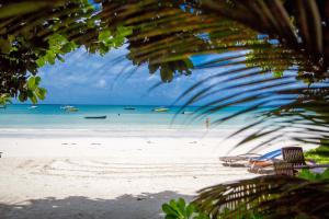 a beach with boats in the water and a palm tree at Village du Pecheur in Baie Sainte Anne