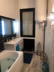 La salle de bains est pourvue d'une baignoire, d'un lavabo et d'un miroir. dans l'établissement Jules Janin, à Saint-Étienne