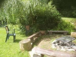 een tuin met een bank, een stoel en een vuurplaats bij Villa Blanka in Horní Podkozí