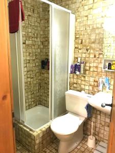 ein Bad mit einer Dusche, einem WC und einem Waschbecken in der Unterkunft Appartamento chalet in Laax