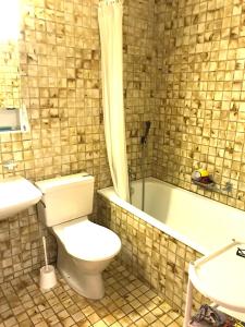 ein Badezimmer mit einem WC, einem Waschbecken und einer Badewanne in der Unterkunft Appartamento chalet in Laax