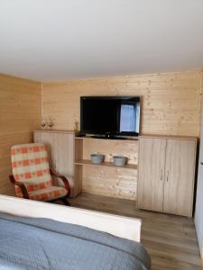 a living room with a television and a chair at Pogodny Domek in Mielno