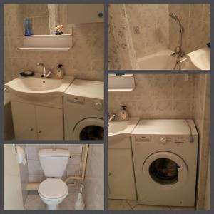 quatro fotografias de uma casa de banho com uma máquina de lavar roupa e um WC em Résidence Parc de la mer - Apprt 3 chambres em Argelès-sur-Mer