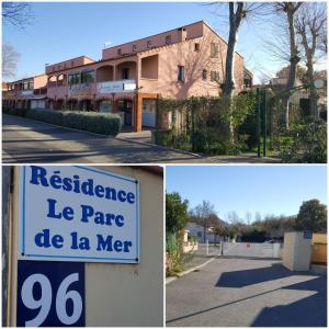 um edifício com uma placa que diz residência le rare de la mer em Résidence Parc de la mer - Apprt 3 chambres em Argelès-sur-Mer