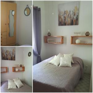 - deux photos d'une chambre avec un lit dans une pièce dans l'établissement Résidence Parc de la mer - Apprt 3 chambres, à Argelès-sur-Mer