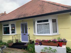 a yellow house with potted plants in front of it at Debbie’s Digs in Ashford