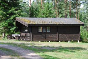 una pequeña cabaña de madera en medio de un bosque en Lidens Stugby en Vaggeryd