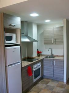 cocina con nevera blanca y microondas en Apartamentos San Gregorio, en Alquézar