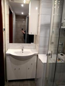 a bathroom with a white sink and a mirror at Mieszkanie 2 pokoje ul. Skrzetuskiego LSM Lublin in Lublin