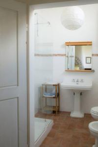 a bathroom with a sink and a toilet and a mirror at Il Melarancio Country House in Scandicci