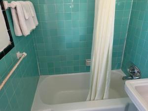a bathroom with a bath tub and a sink at Travel Inn Daytona in Daytona Beach