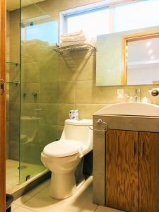 een badkamer met een toilet, een wastafel en een douche bij Hotel & Suites Victoria in San Luis Potosí