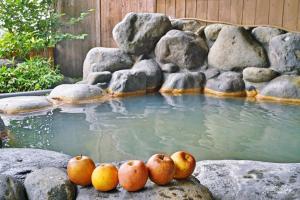 un montón de manzanas sentadas sobre un charco de agua en Daichan Farm Guest House, en Asahi-machi