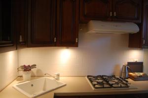 a kitchen with a sink and a stove top oven at Ogarna 88 in Gdańsk