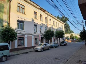 een straat met auto's aan de zijkant van een gebouw bij Apartment Orgelsaal in Tsjernivsi