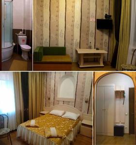 2 fotos de un dormitorio con cama y baño en ДОМ на ГРАЖДАНСКОЙ, en Uglich