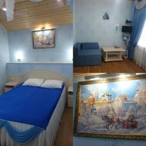dos fotos de un dormitorio con una cama y una pintura en ДОМ на ГРАЖДАНСКОЙ, en Uglich
