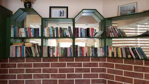 a brick wall with two shelves filled with books at Miray Hotel Kleopatra in Alanya