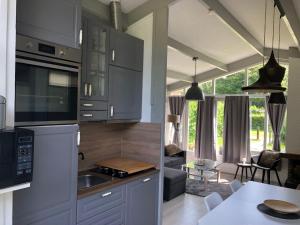 een keuken met grijze kasten en een woonkamer bij Hygge House 10 in Andijk