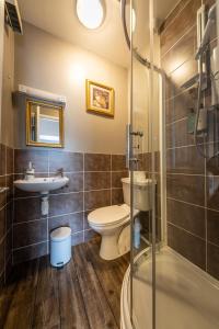 a bathroom with a toilet and a sink and a shower at Quayside Apartment in Portree