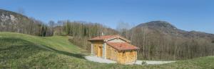 un pequeño edificio en medio de una colina con césped en Albergo Diffuso Balcone sul Friuli en Clauzetto