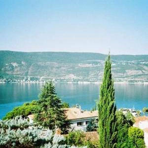 une maison sur une colline à côté d'une masse d'eau dans l'établissement Smestaj Vella, à Herceg-Novi