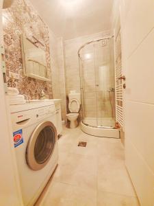 y baño con ducha y lavadora. en Apartman 44, en Bijeljina
