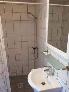 La salle de bains est pourvue d'un lavabo, d'un miroir et d'une douche. dans l'établissement Lønstrup Egelunds Motel, à Lønstrup