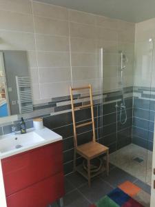 a bathroom with a chair and a sink and a shower at une maison à la campagne in Beaune-la-Rolande +7 photos