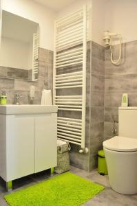 een badkamer met een wastafel, een toilet en een spiegel bij KAYA STUDIO in Sibiu