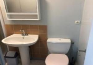 een badkamer met een wit toilet en een wastafel bij Une virée à Dunkerque entre ville et plage in Duinkerke
