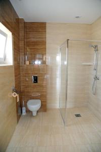 a bathroom with a toilet and a glass shower at Zajazd Ostoja in Stary Dzierzgoń