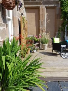 a patio with a bunch of potted plants at Westwood Cottage in Dundee