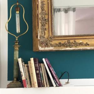 un estante con libros, una lámpara y un espejo en Studio Olive, en La Ciotat
