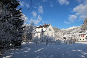 een wit huis in de sneeuw met bomen bij Ferienwohntraum Haller in Nötsch