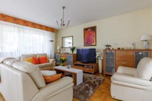 ein Wohnzimmer mit 2 Sofas und einem TV in der Unterkunft Willa Biała Magnolia in Nowy Targ