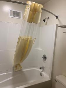 una cortina de ducha colgada sobre una bañera en el baño en Westway Inn Motel en Neepawa