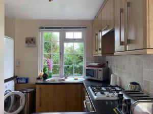 a kitchen with a stove and a sink and a window at Camellia Chalet in Germoe