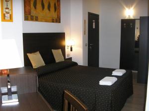 a bedroom with a bed with a black bedspread at Roman Residence in Rome