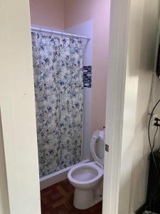 a bathroom with a toilet with a shower curtain at The Adrian in San Francisco