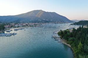 an aerial view of a harbor with boats in the water at Vliho Bay Boutique Hotel in Yenion