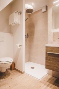 a bathroom with a toilet and a shower at Hôtel Hors-Château - Liège Centre Historique in Liège