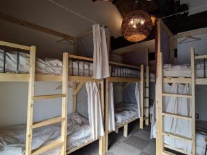 four bunk beds in a room with a chandelier at Mad Cat Hostel Osaka & Bar in Osaka