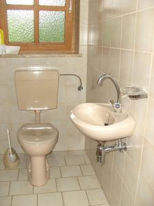 La salle de bains est pourvue de toilettes et d'un lavabo. dans l'établissement Ferienwohnung Oblfing, à Schöllnach